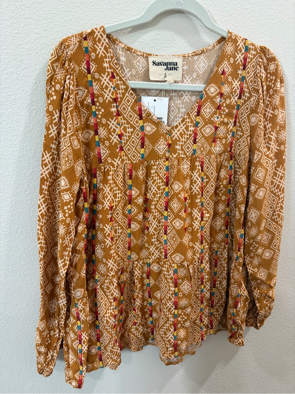 Savanna Jane Mustard Printed Boho Tunic with Multicolor Trim